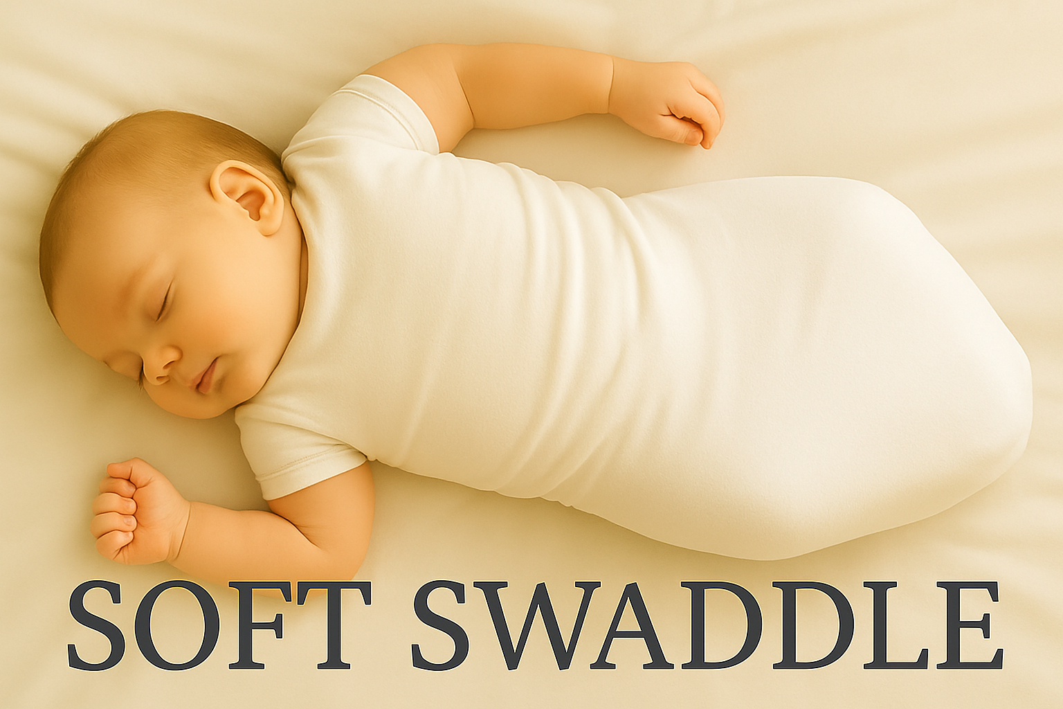 newborn sleep tips illustrated with a softly swaddled baby sleeping peacefully on a white bed