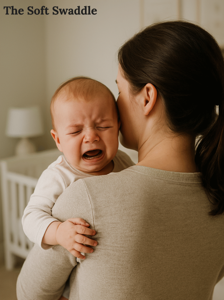Mother holding and comforting a crying newborn baby