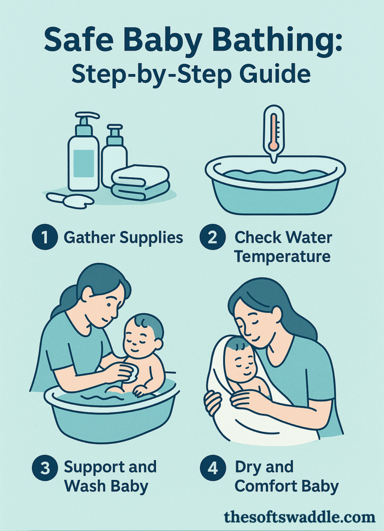 Safe baby bathing step-by-step guide infographic showing how to gather supplies, check water temperature, wash, and comfort a baby.
