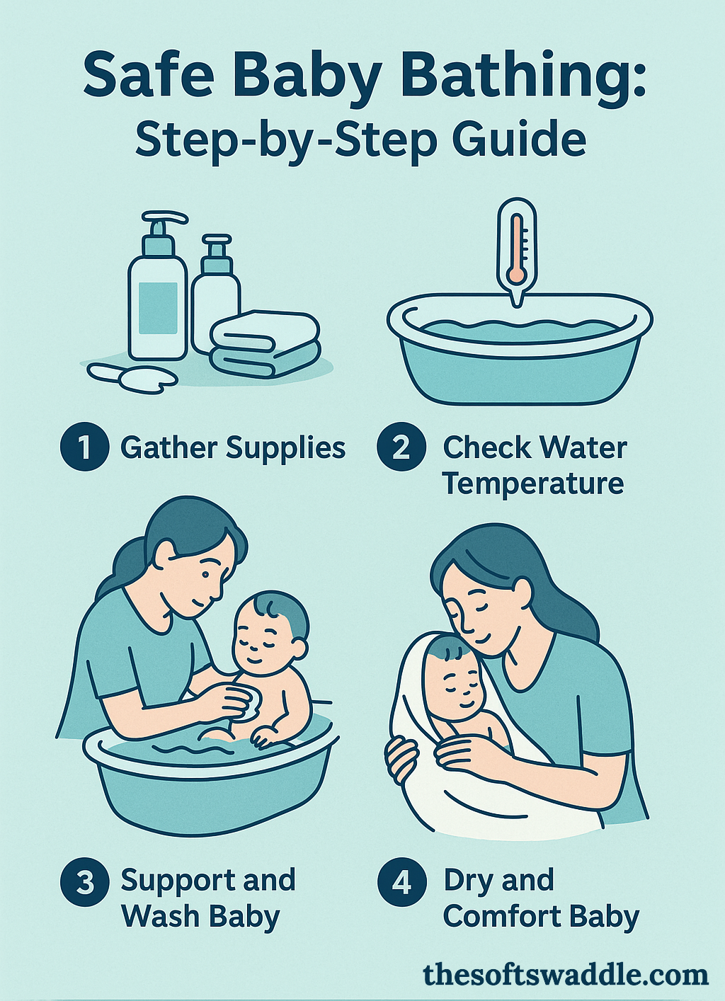 Safe baby bathing step-by-step guide infographic showing how to gather supplies, check water temperature, wash, and comfort a baby.