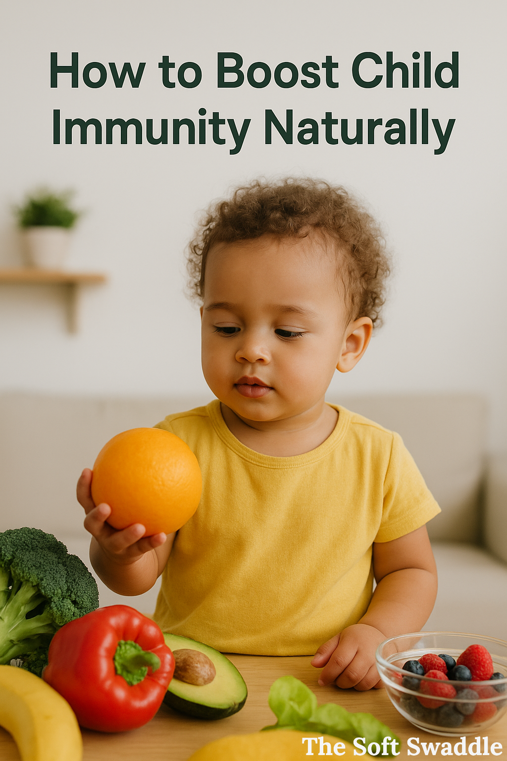 Toddler eating fresh fruits and vegetables showing how to boost child immunity naturally