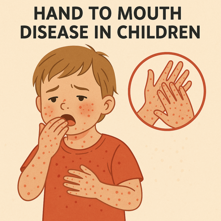 Child with rashes showing symptoms of hand to mouth disease in children