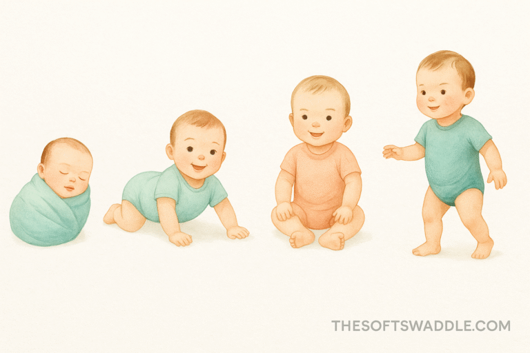 Illustration showing milestones in the first year with a baby’s growth stages from newborn to crawling, sitting, and first steps.