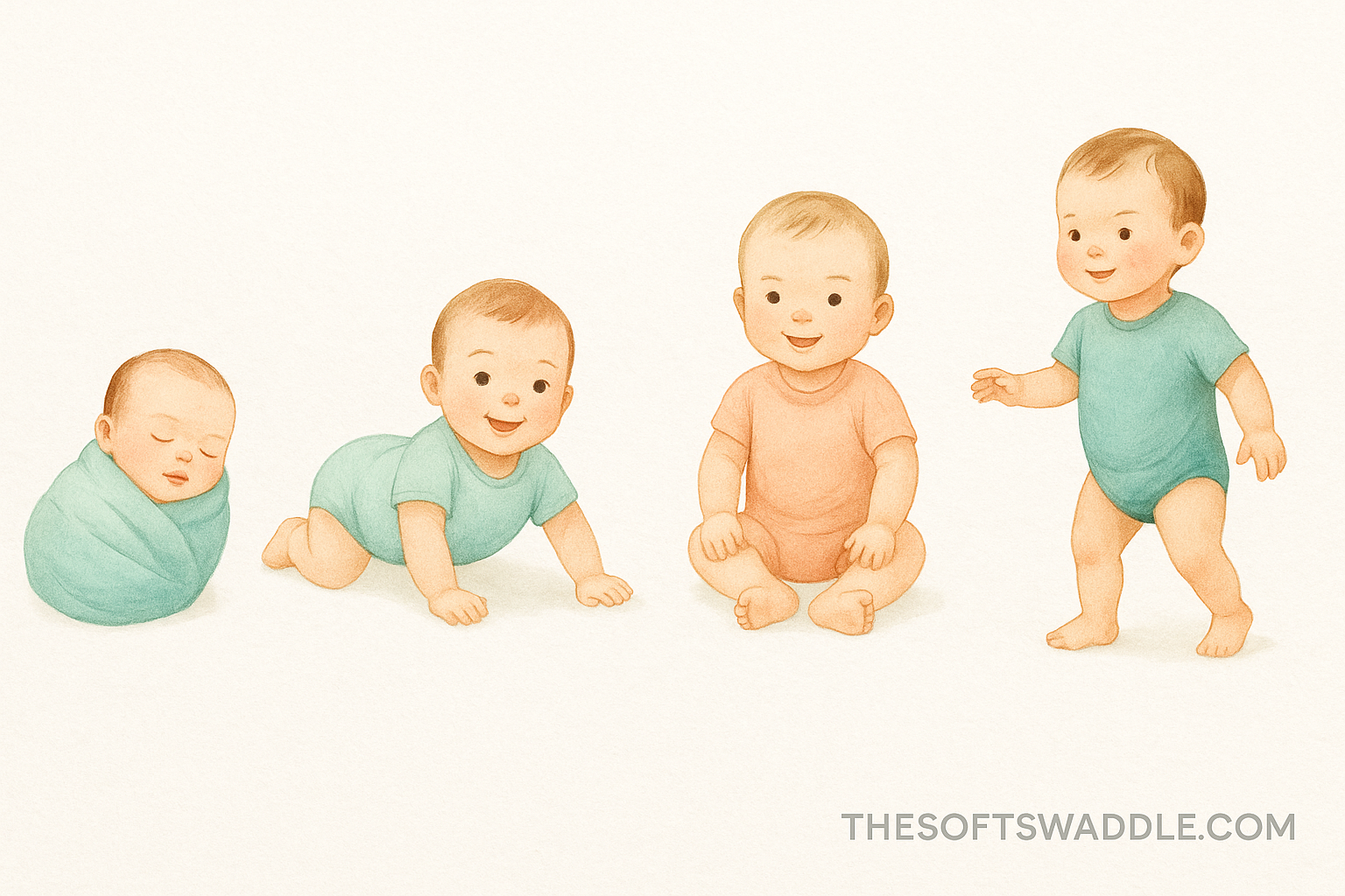 Illustration showing milestones in the first year with a baby’s growth stages from newborn to crawling, sitting, and first steps.