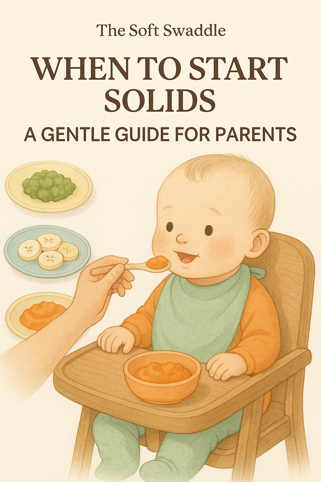When to start solids for baby illustration showing a baby being fed puree in a high chair.