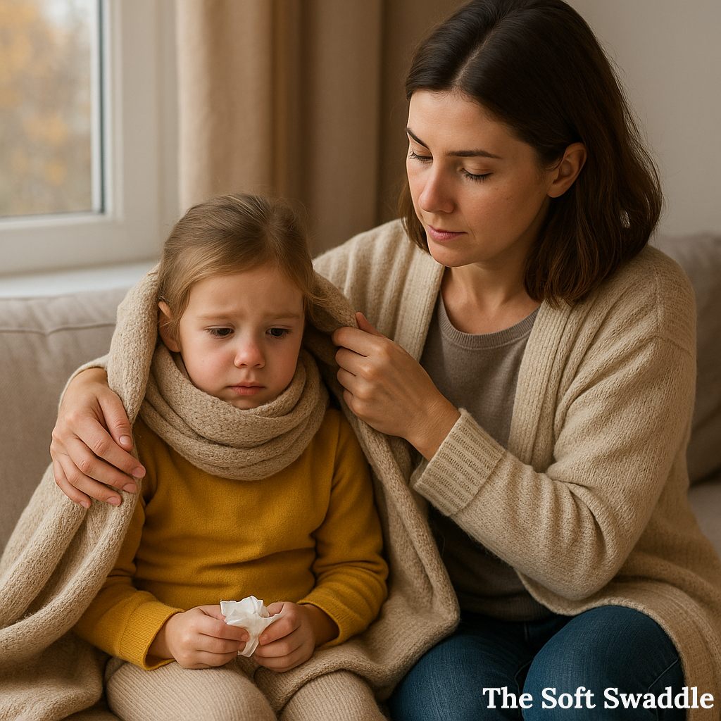 A mother gently caring for her sick child with a blanket, showing how to take care of kids when season changes