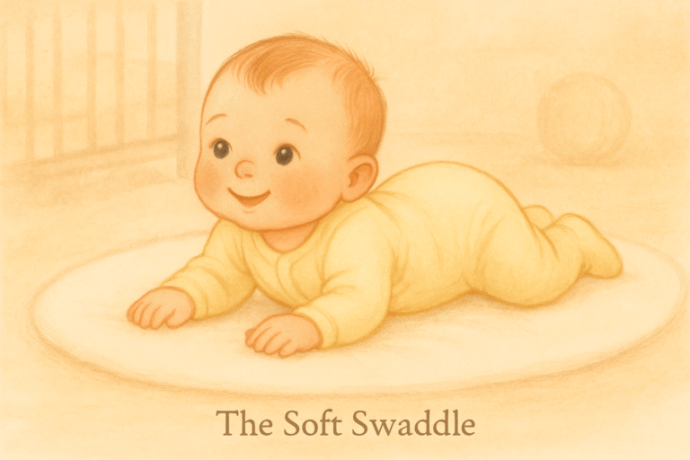 Baby lying on tummy during tummy time on a soft mat, smiling and enjoying gentle play