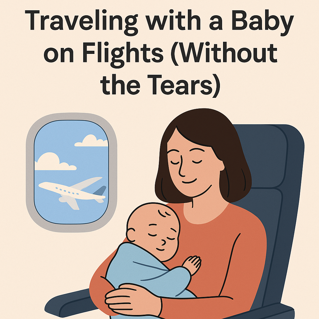 Illustration of a mother sitting on an airplane holding her sleeping baby, symbolizing calm and comfortable travel for parents flying with infants.