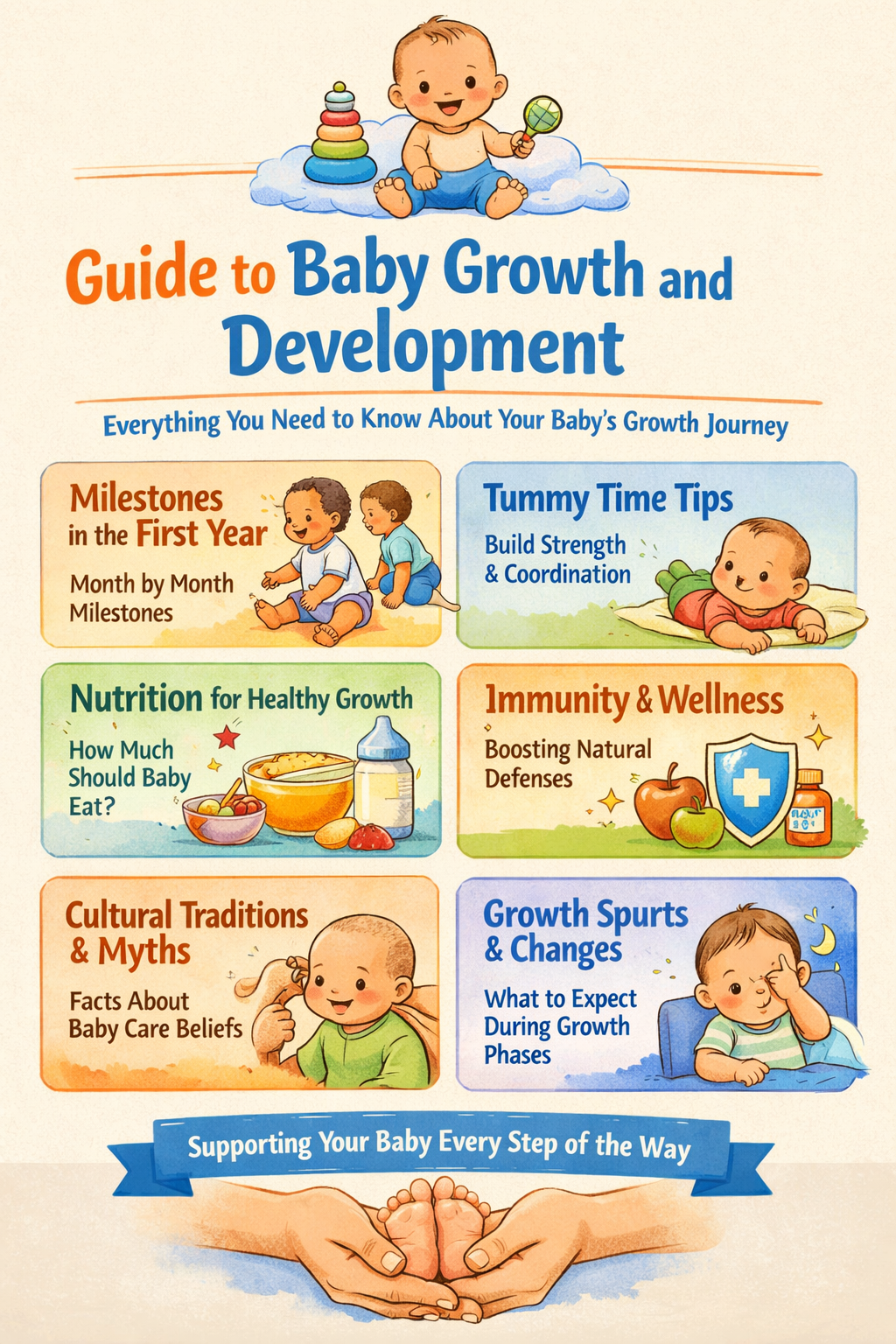 Illustrated guide explaining baby growth and development including milestones tummy time nutrition immunity and growth spurts