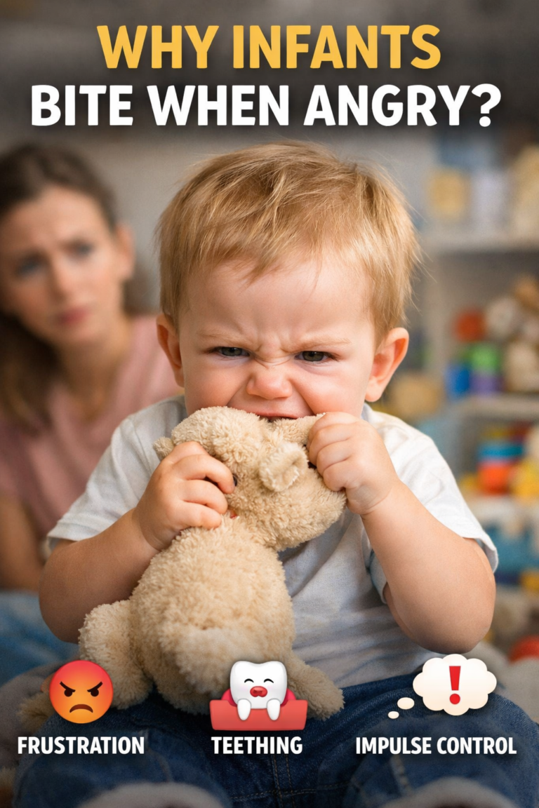 Baby under age two biting a soft toy while upset, demonstrating why babies under age two bite when angry due to frustration and limited communication skills.